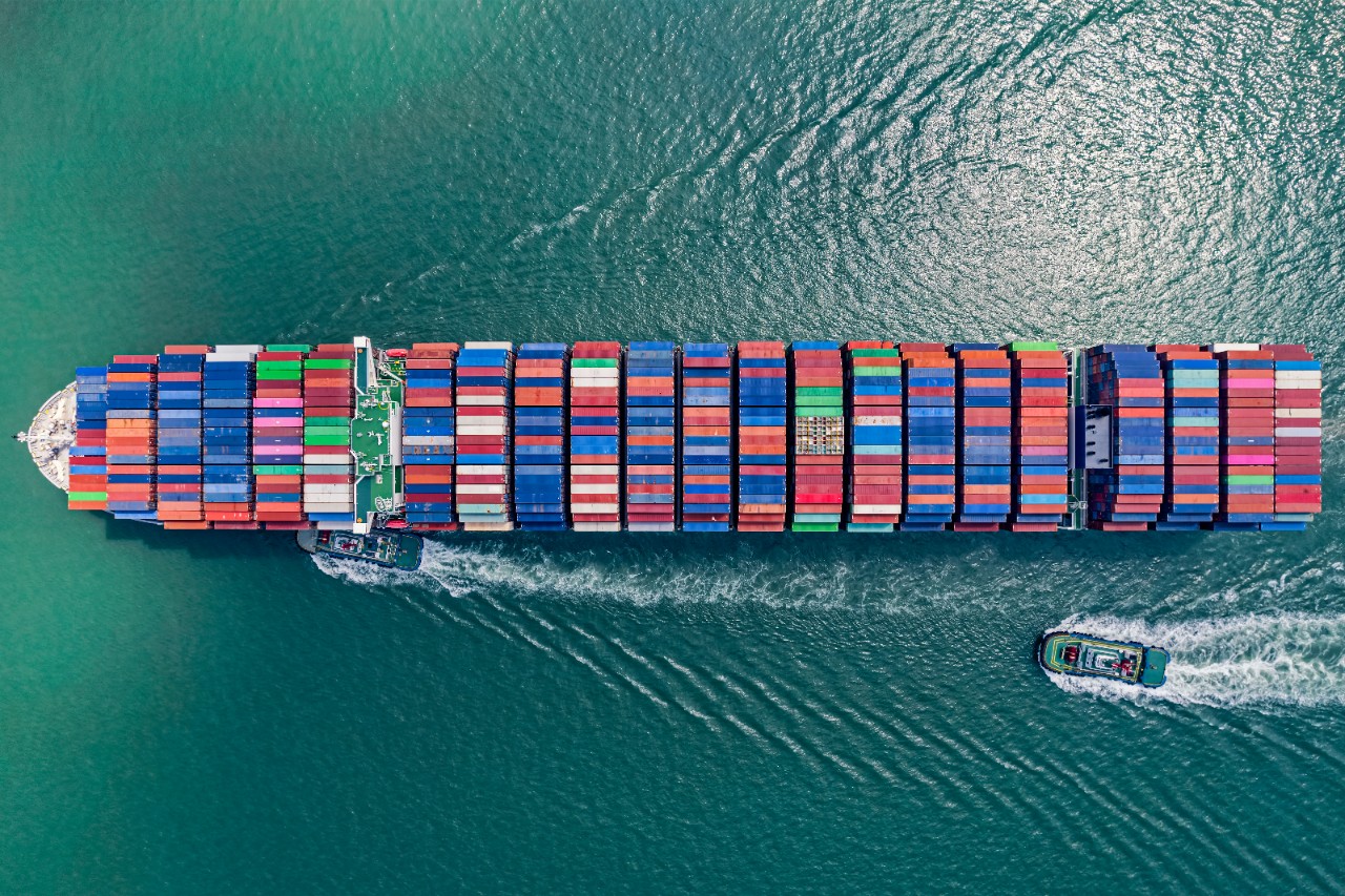 Fully loaded container ship at sea